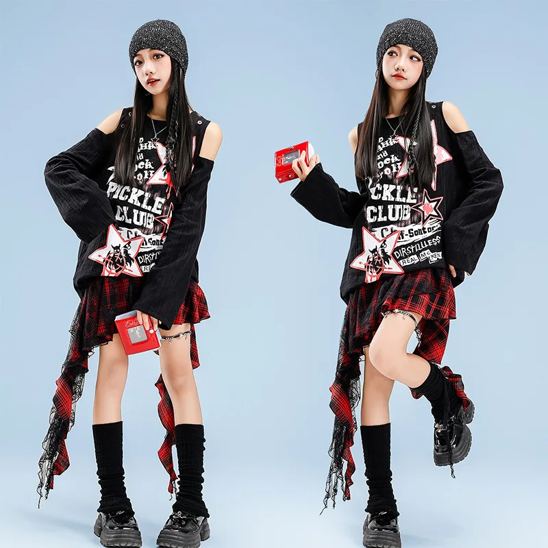 

Kid Kpop Hip Hop Clothing Black Letters Print Off Shoulder T Shirt Long Sleeve Top for Girls Jazz Dance Wear Costumes Clothes