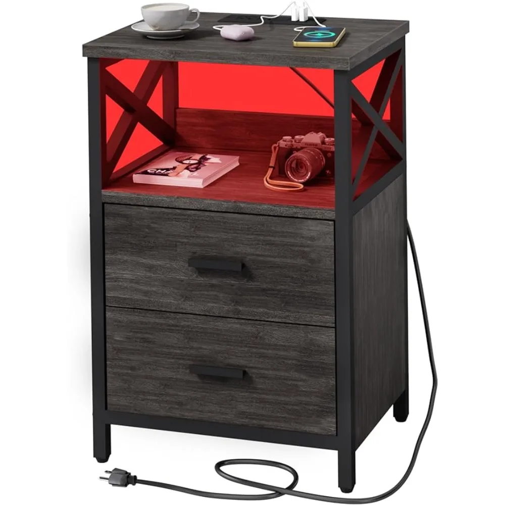 

LED Nightstand with Charging Station, Side Table with USB Ports and Outlets, End Table for Small Spaces