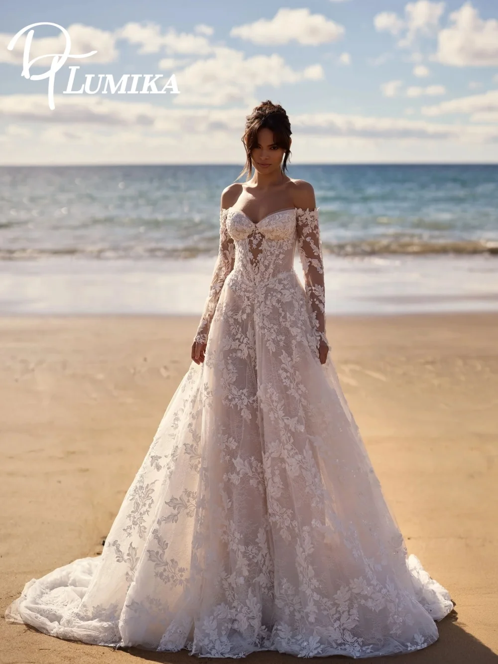 

Сексуальное прозрачное кружевное свадебное платье с длинными рукавами, блестящими аппликациями, А-силуэта, элегантное кружевное платье для невесты, индивидуальный пошив Vestidos De