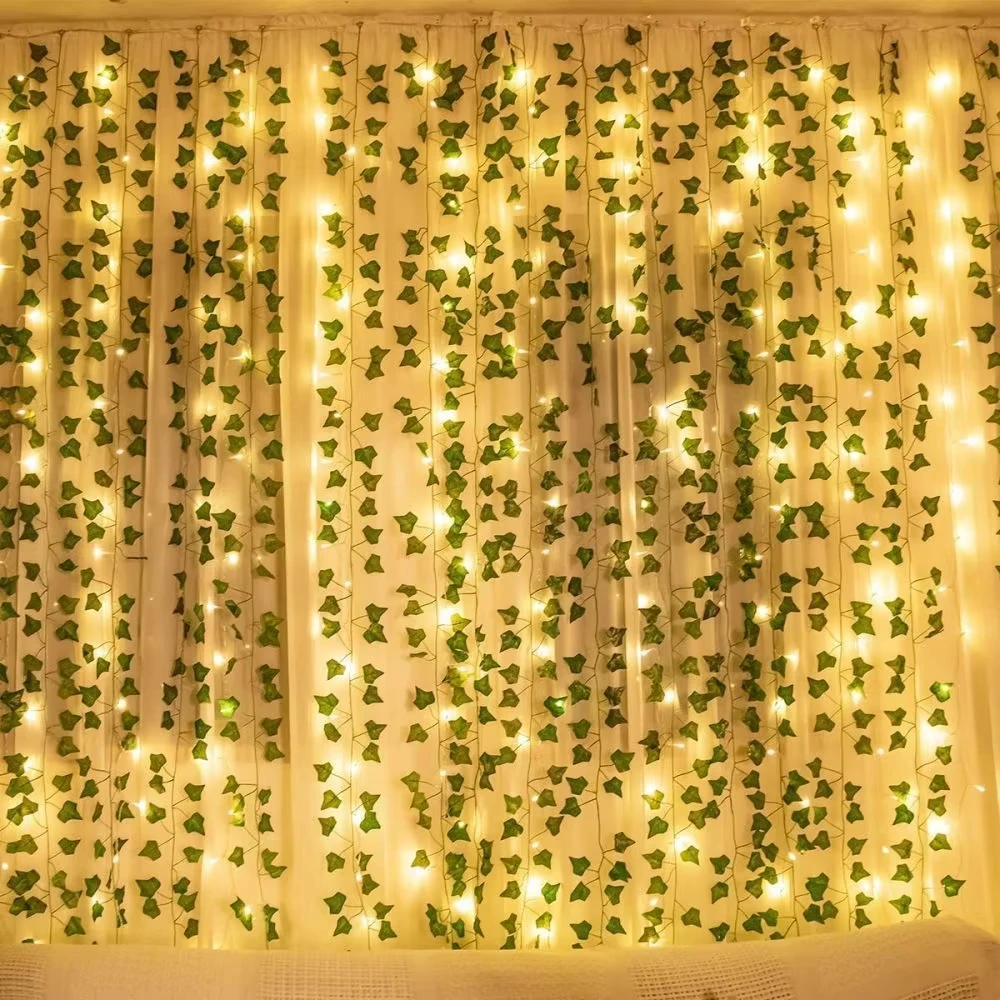 Garten-Lichterkette mit Blättern 20/50/100 LED Künstliche Efeu-Girlande Wasserdichte Außen-Weihnachtsbeleuchtung Hochzeitsdekorationen