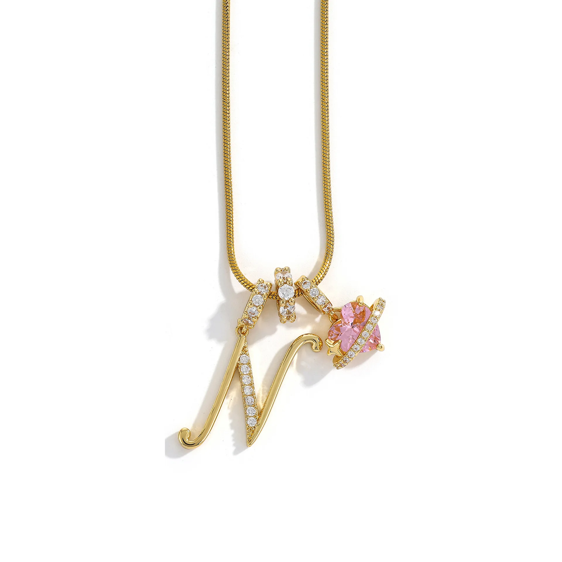 Women's A-Z Initial Letter Pendant Necklace Snake Chain Initial Alphabet CZ Pink Heart Necklace Adjustable Size Hypoallergenic