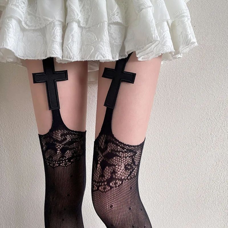 Vintage Gothic Kreuz-Strumpfhose im Y2K Spicy Girl Stil, sexy Netzstrumpfhose, kniehohe Lolita-Strumpfhose mit Spitzenverzierung ﻿