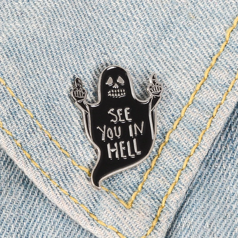 Black Ghost Middle Finger Enamel Pin See you in hell Badge Brooches Bag Clothes Lapel pin Funny Punk Gothic Jewelry Gift