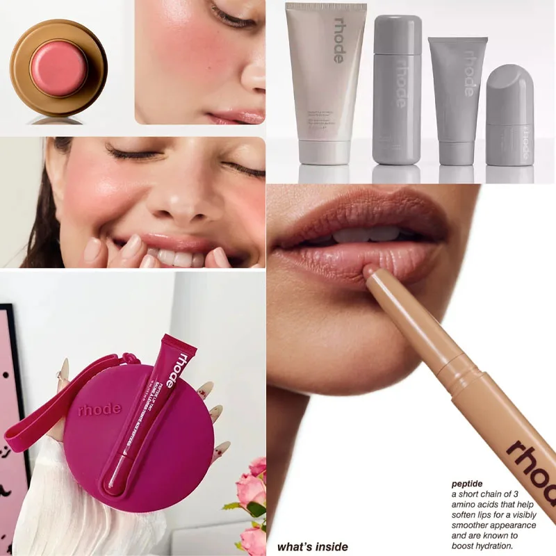 عناصر العناية بالمكياج ذات العلامة التجارية الصيفية، كريم وجه مرطب، مجموعة مستديرة، حقيبة تخزين، أحمر الخدود، قلم تحديد الشفاه، ملصق الفراولة