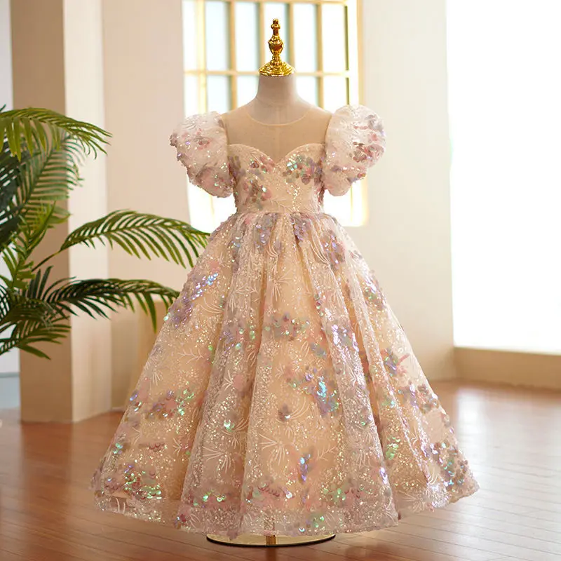 

Girls' Sequin Floral Princess Dress with Puff Sleeves for Special Occasions, Pageants, Birthdays & Formal Banquets