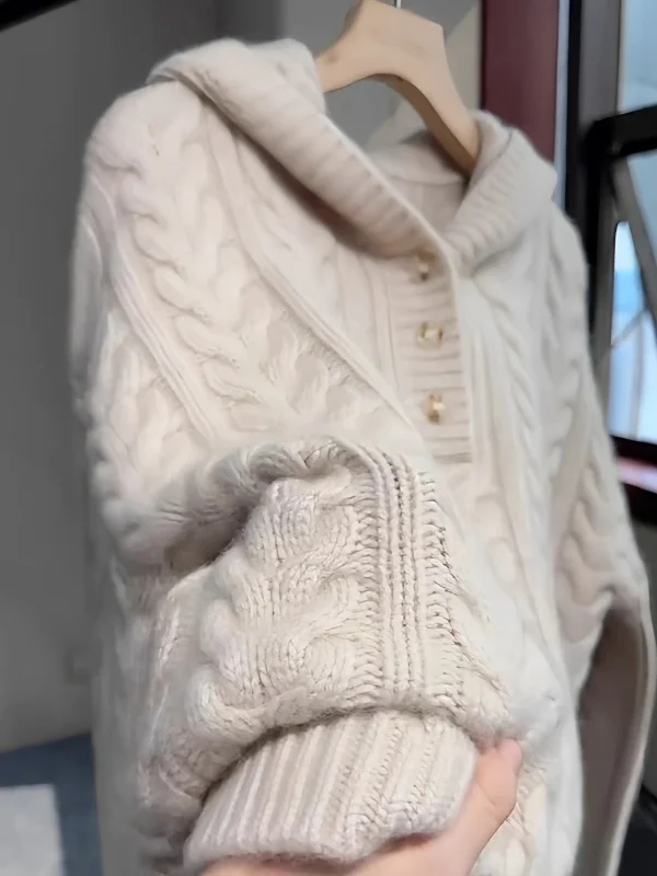 เสื้อสเวตเตอร์ถักไหมพรมสีขาวมีฮู้ด แขนยาว สำหรับผู้หญิง สวมใส่สบาย ลายบิดเกลียว ดีไซน์ดอกไม้ สำหรับฤดูหนาว สไตล์เกาหลี นุ่มละมุน สไตล์เกาหลี...