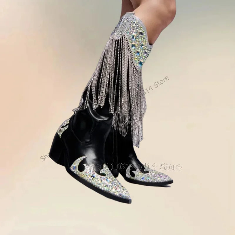 

Crystal Tassels Totem Design Pointed Toe Boots Side Zipper Women Shoes Chunky High Heels Fashion Party 2025 Zapatos Para Mujere