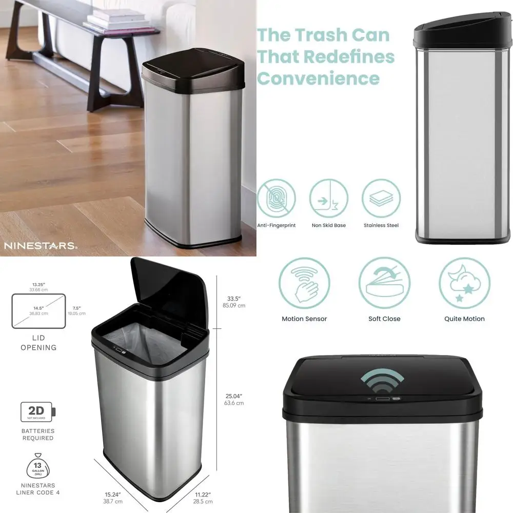 

13 Gallon 50L Stainless Steel Touchless Infrared Motion Sensor Trash Bin with Rectangular Design and Black Lid