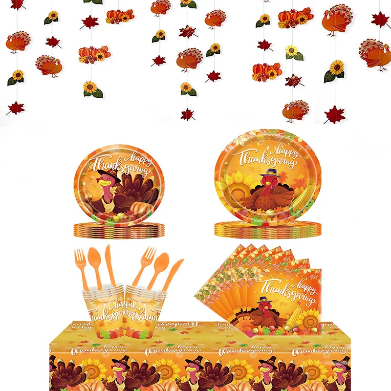 Thanksgiving Party Disposable Tableware Decorations Turkey Paper Plates Napkins Tablecloth Banner Thanksful Festival Supplies