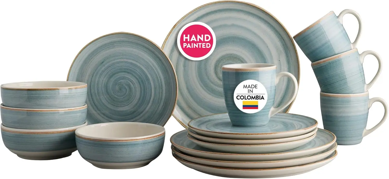 

16-piece Rustic and Modern Hand-Painted Details Ceramic Dinnerware Sets, Plates, Bowls and Mugs, Service For 4, Blue Caoba