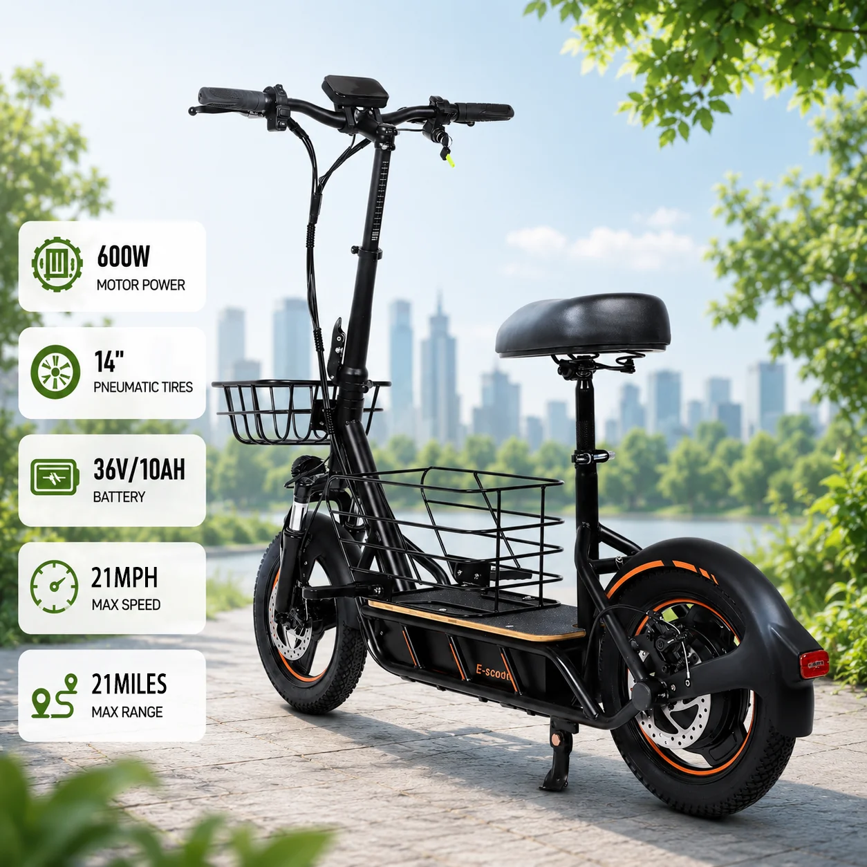 

600W Electric Scooter with Seat for Adults 21MPH Commuter E Scooter 21Miles Range 14" Pneumatic Tires Front & Rear Baskets