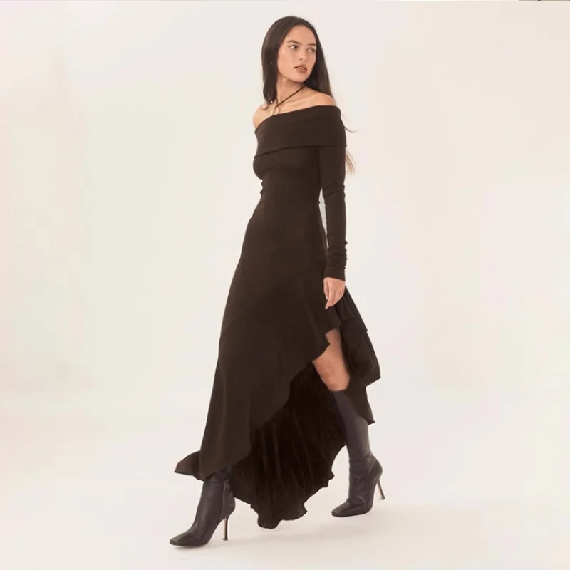 Off The Shoulder Long Sleeved Fitted Dress For Women With Ruffled Edges And Off The Shoulder Design, Exuding A Stylish Dress