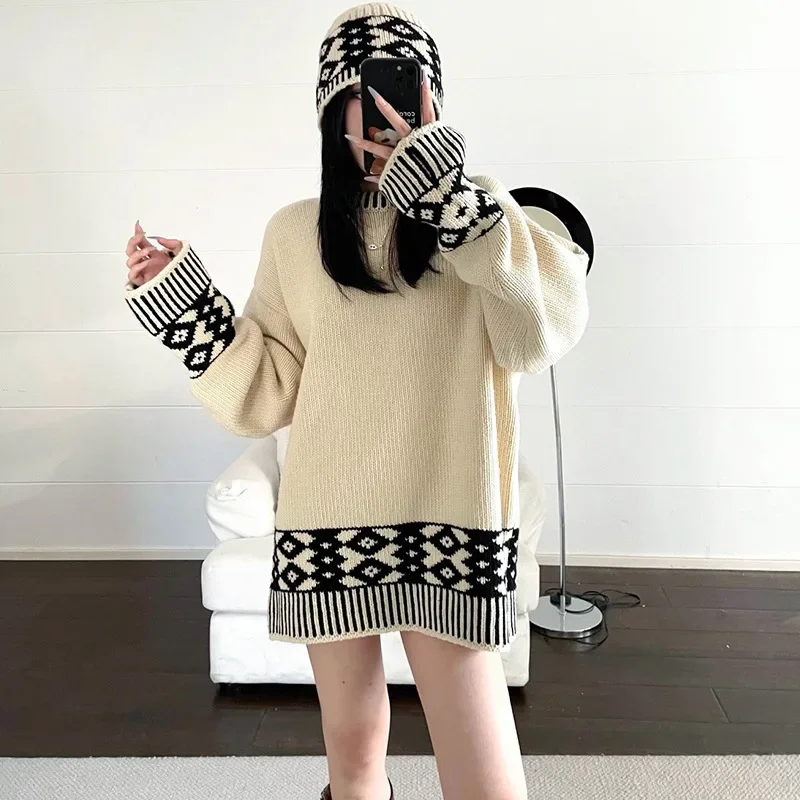

Vintage Jacquard Pullover Sweater Women's Autumn Winter New Thickened Lazy Style Design Sense Knitted Sweater