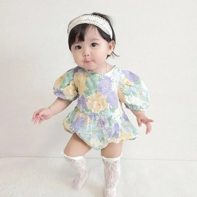 Fashion Flower Print Baby Girl Short Sleeve Bodysuit Cotton Princess Clothing 2024 Summer New Infant Jumpsuit Baby Girl Clothes