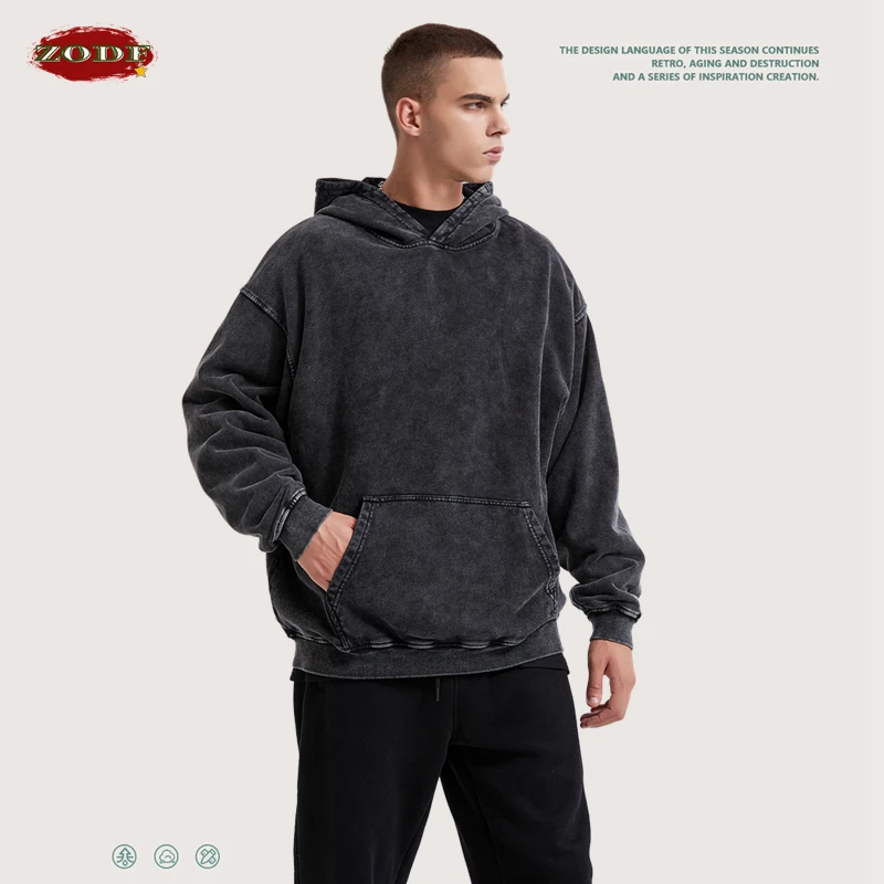 ZODF Trendy 2022 Autumn Men 380gsm Cotton Washed Retro Hoodies Pullover Loose Unisex High Street Solid Hooded Sweatshirts HY0300