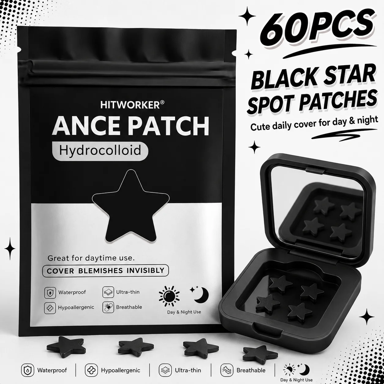 60pcs Black Star Hydrocolloid Spot Cover Patches With Portable Case, Face Stickers, Thin Easy Peel Skin Care