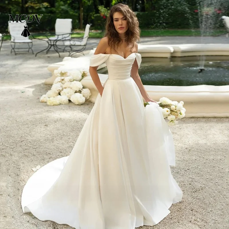 

MCDV Romantic Wedding Dress Customized Off The Shoulder Pleat Body Sweep Train A Line Satin Bridal Gown with Lace-up Back
