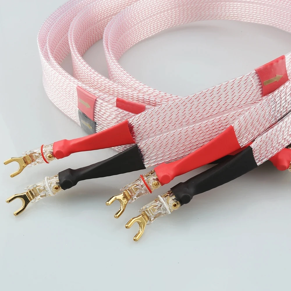Kabel głośnikowy 7N OCC miedziany posrebrzany hifi płaski przewód głośnikowy z konektorem bananowym 45 stopni Y wtyk widełkowy