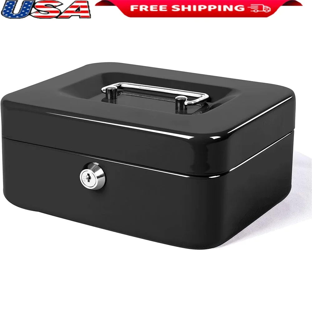 

Locking Steel Cash Box with Money Tray Portable Secure Storage Box Cash Coins and Keys Durable Design Key Lock System