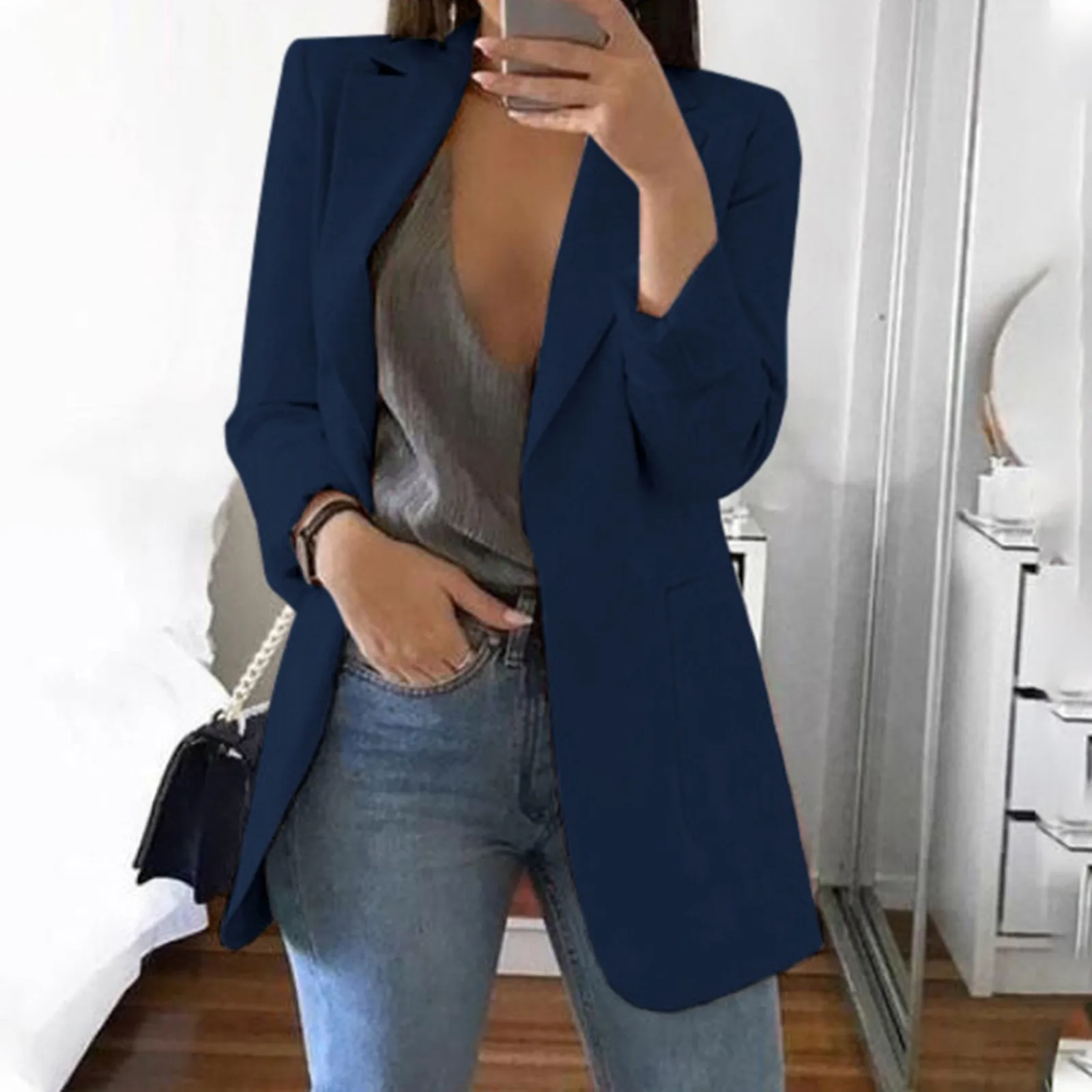 Winter Women\'s Light Slim Medium-Length Jacket Long Sleeve Pockets Business Jacket Ladies Fashionable Lapel Casual Suit Jacket