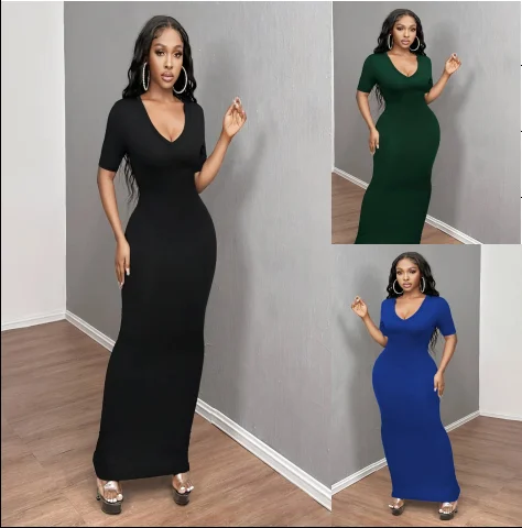 

Plus Size European and American cross-border summer hot sale fashion sexy short sleeve V-neck wrap hip solid color dress