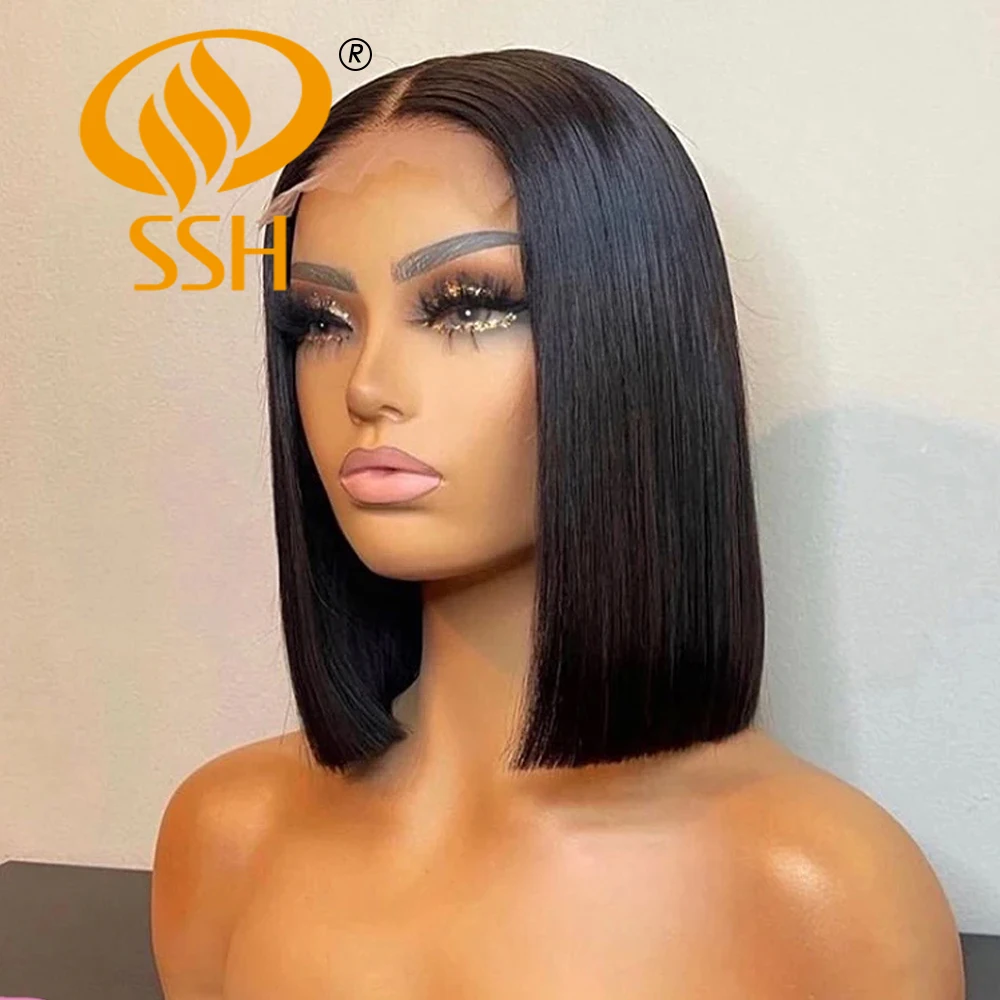 SSH Straight Short Bob Human Hair Wigs for Black Women Lace Part Brazilian Hair Wigs Remy Hair Middle Part Side For Brown Women