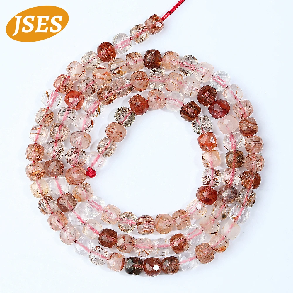 

JSES Natural Copper Rutilated Quartz Square Cube Faceted Seed Beads Loose Stone Small Tiny Beads for Jewelry Making Diy Bracelet