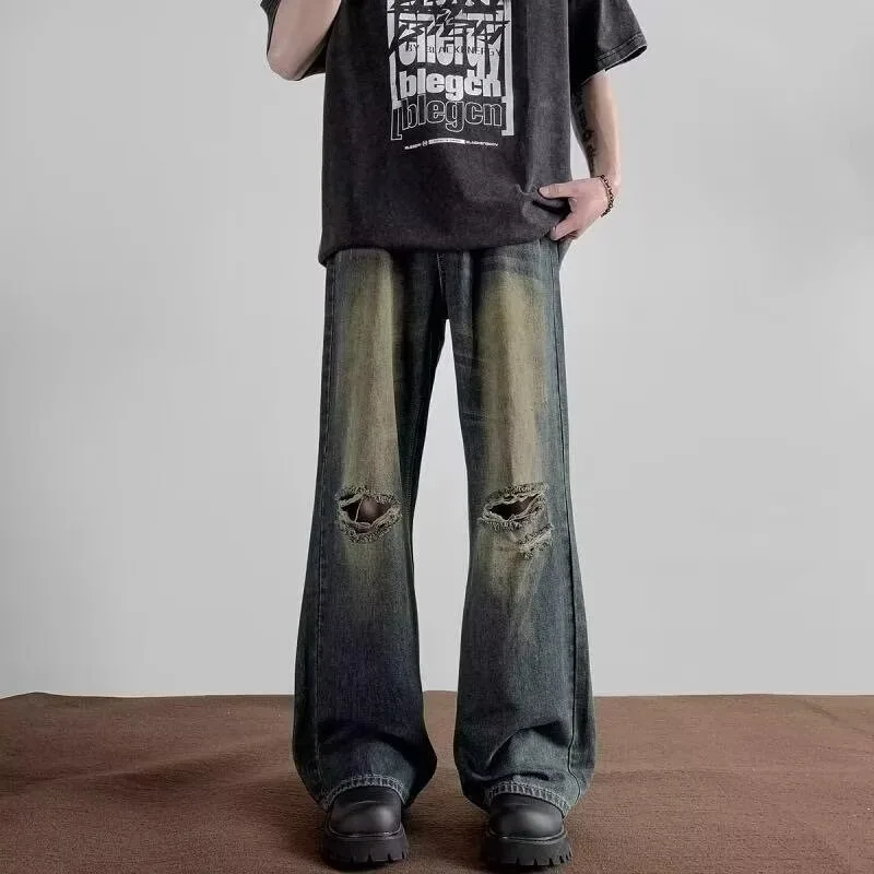 

Washed distressed jeans for men in spring and autumn, straight leg, loose fit, and long pants