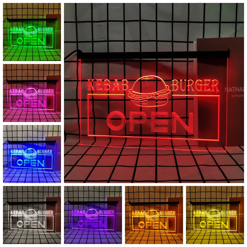 OPEN Kebab Burger Cafe Fast Food Retro LED Neon Sign Home Decor with Vintage Plaques and Posters for Room Office Farmhouse