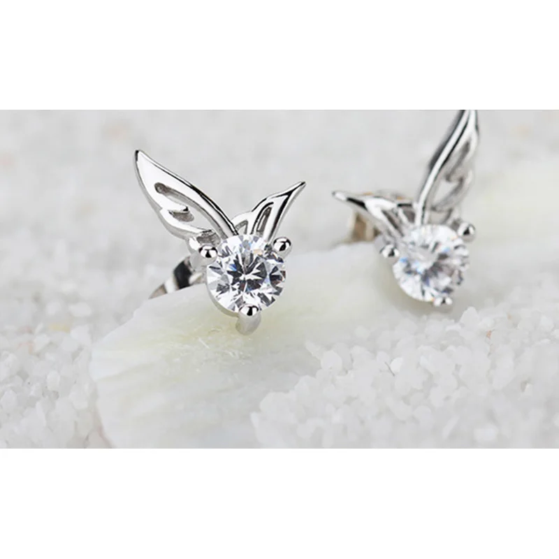 

925 Sterling Silver Angel Wings Zircon Piercing Stud Earrings For Women Luxury Jewelry Accessories Wholesale