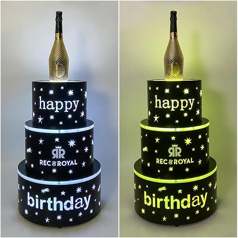 Botella de pastel LED personalizada para Club nocturno, glorificador de pastel de feliz cumpleaños, Servicio Vip, 3 capas, presentador