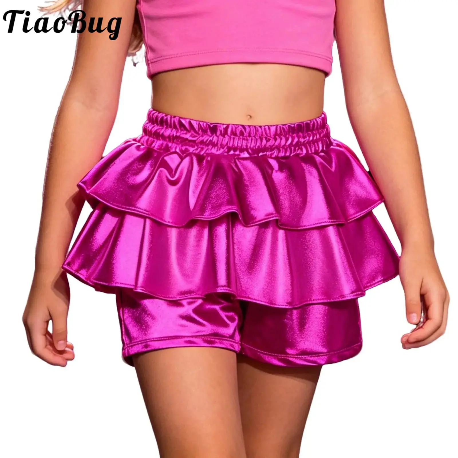 

Girls Metallic Ruffle Shorts Jazz Hip Hop Cheerleading Dancewear Glossy Elastic Waistband Culottes Scooter Skater Dance Pants