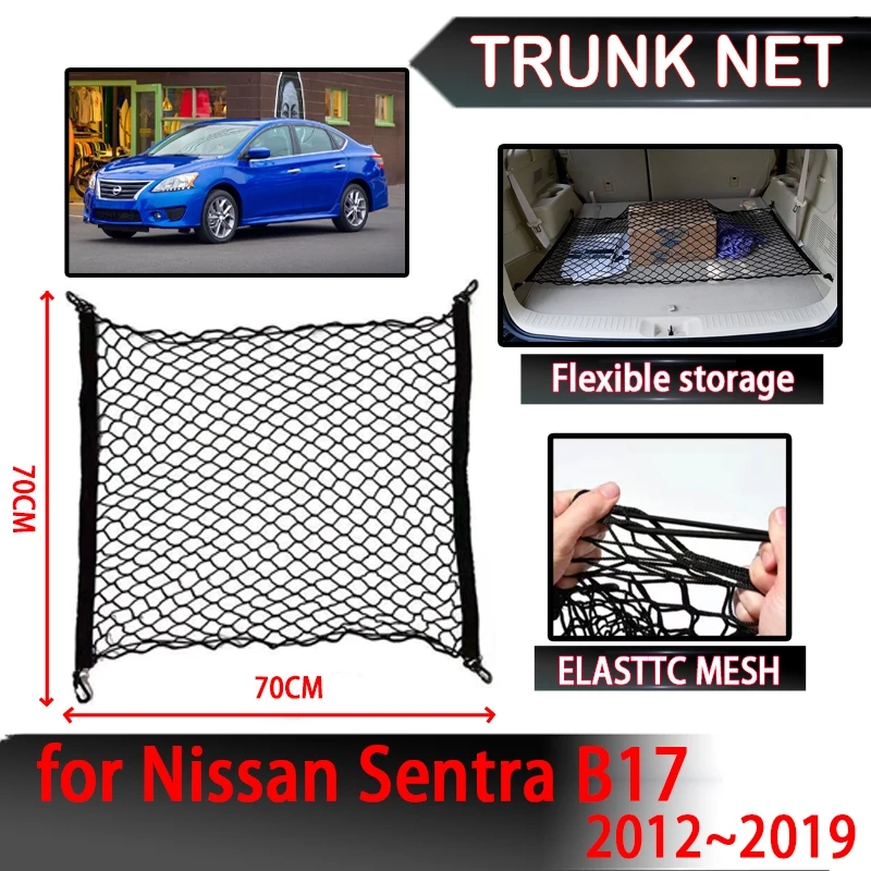 

Аксессуары для Nissan Sentra B17 2012-2019, органайзер сетки для заднего багажника автомобиля, нейлоновая эластичная лента, внутренние детали, держатель сетки для багажа