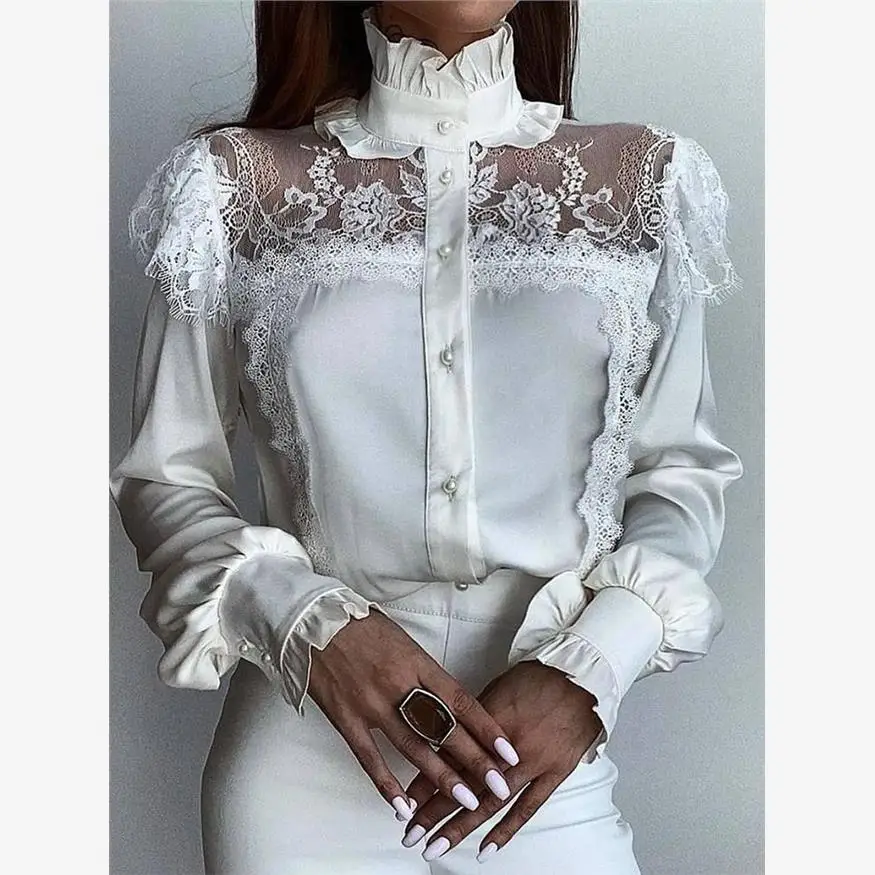 

Женская блузка с высоким воротником и кружевными вставками, из смесового хлопка, с деревянным узором, тонкая, с длинными рукавами, для повседневной носки