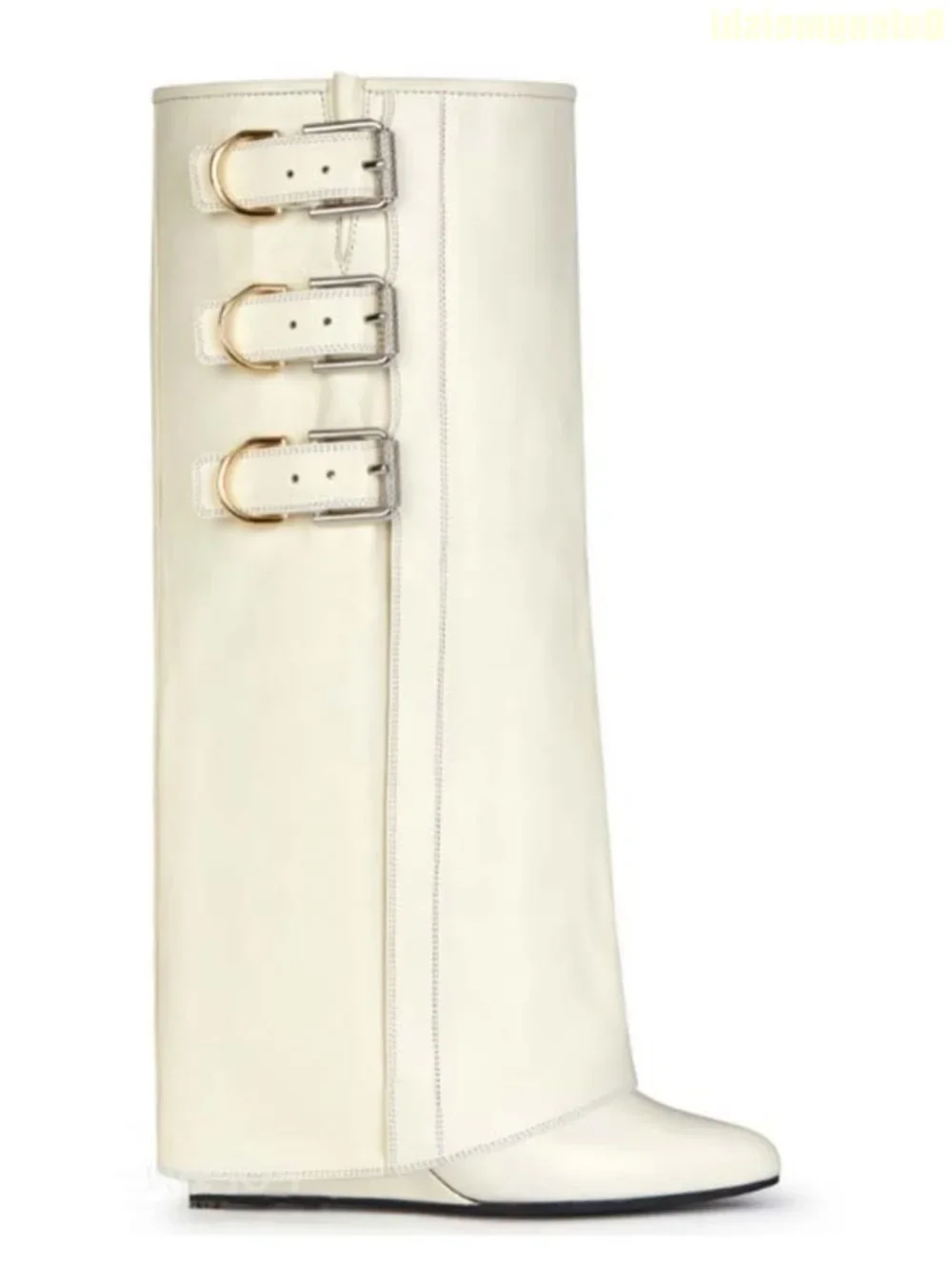 2025 New Wedges Shark Boots Metal Belt Buckle Black/white/red Leather Mid-Calf/knee-High Boots Latest Catwalk Fashion Boots