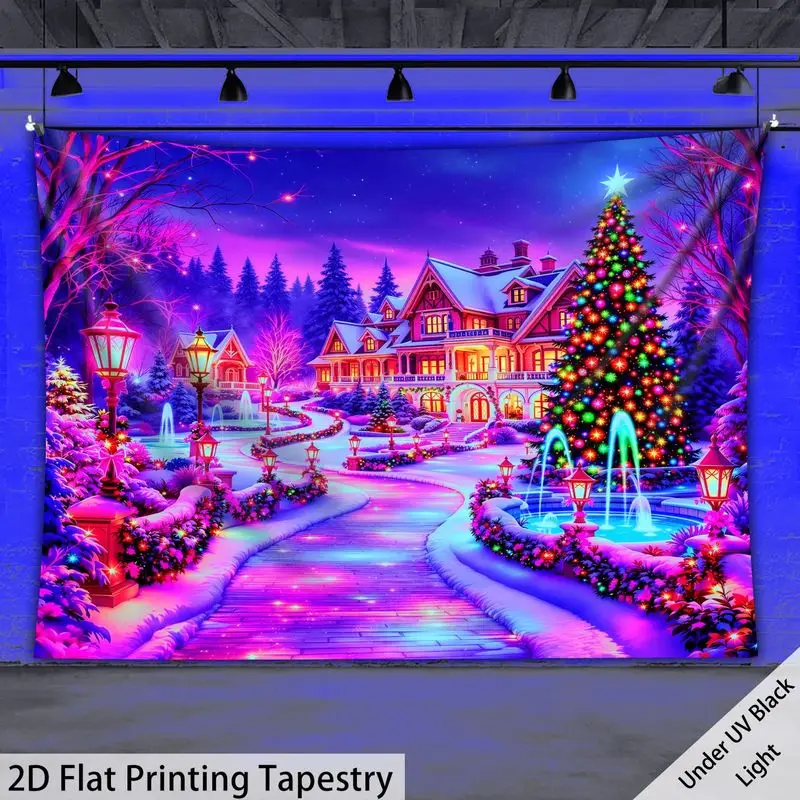 VIKAMA Victorian Mansion Tapestry UV Blacklight Glow Purple Festive Tree Fountain Snowy Path Christmas Holiday Decor