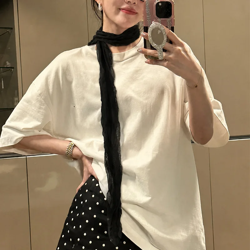 Korean Style Long Pleated Scarf For Women Solid Color Wrinkled Chiffon Silk Neck Head Scarves Small Skinny Hair Band Tie Bag