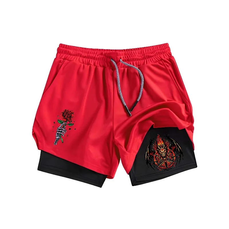 

Summer New Rose Skull Portrait Print 2-in-1 Men's Sports Running Shorts Gym Athletic Shorts with Compression Lining