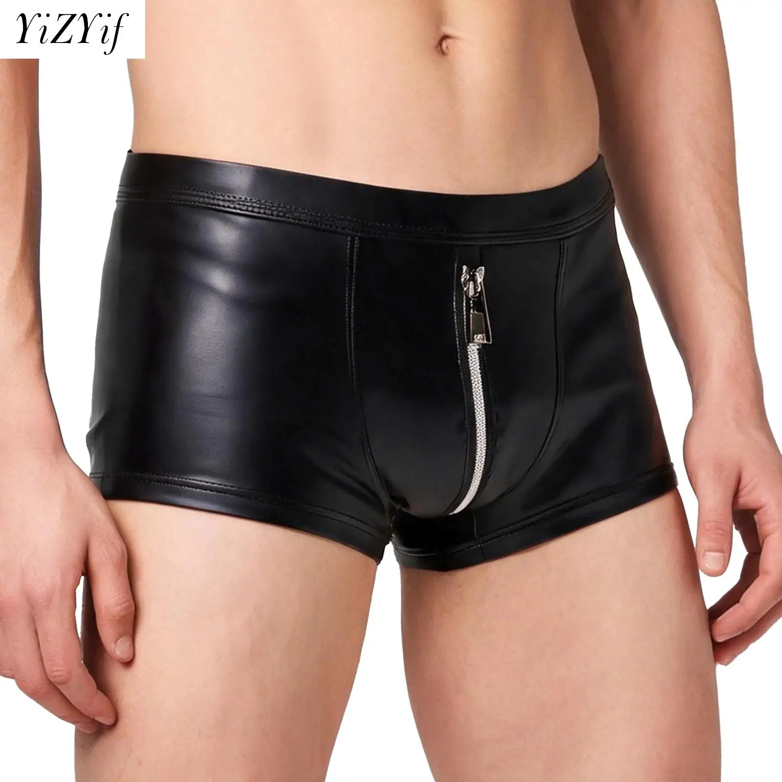 Men's Low Rise Boxer Shorts Underwear Zipper Bulge Pouch Briefs Elastic Waistband Matte PU Leather Underpants Nightwear Clubwear