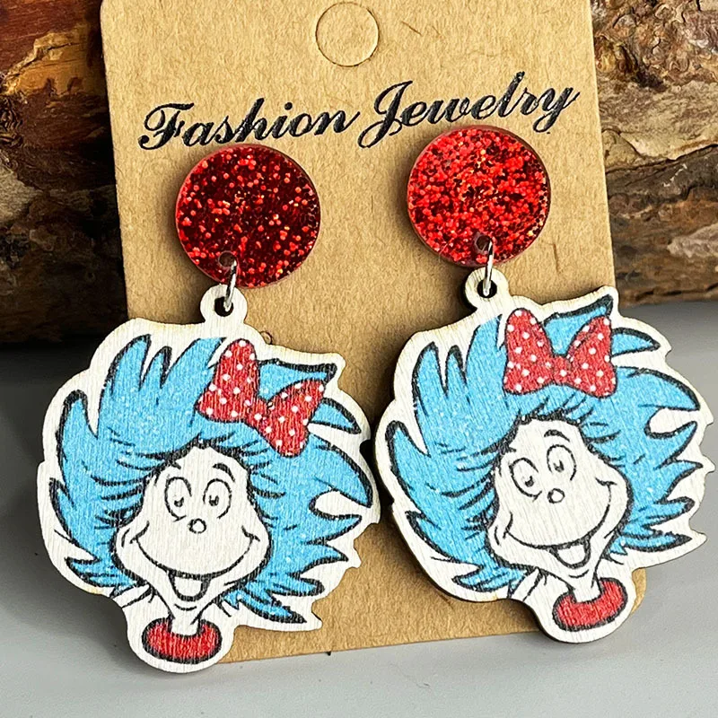 Sparkling red earrings for teachers to read fun gentlemen\'s hats for cats  wooden printed earrings for teachers students jewelry