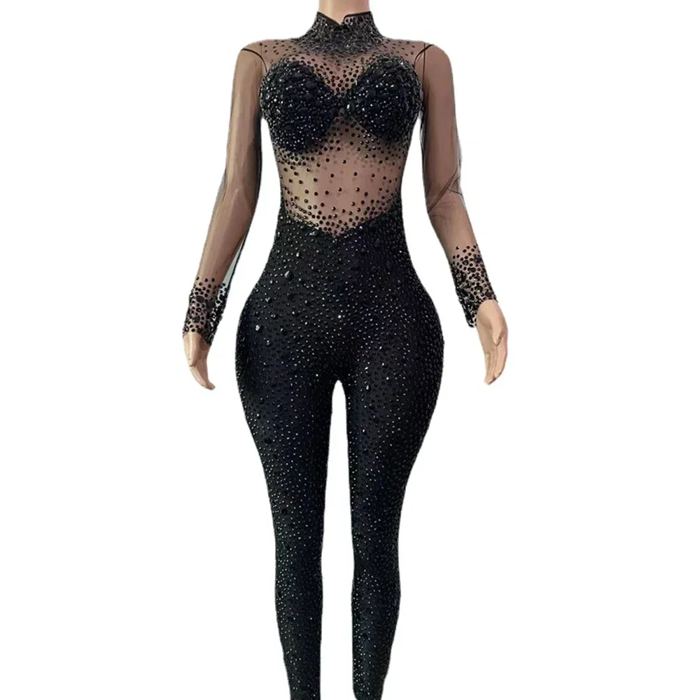 Luxurious Rhinestones Leotard Pants Women Evening Prom Party Birthday Outfit Sexy Mesh Dance Costume Crystal Bodysuit Stage Wear