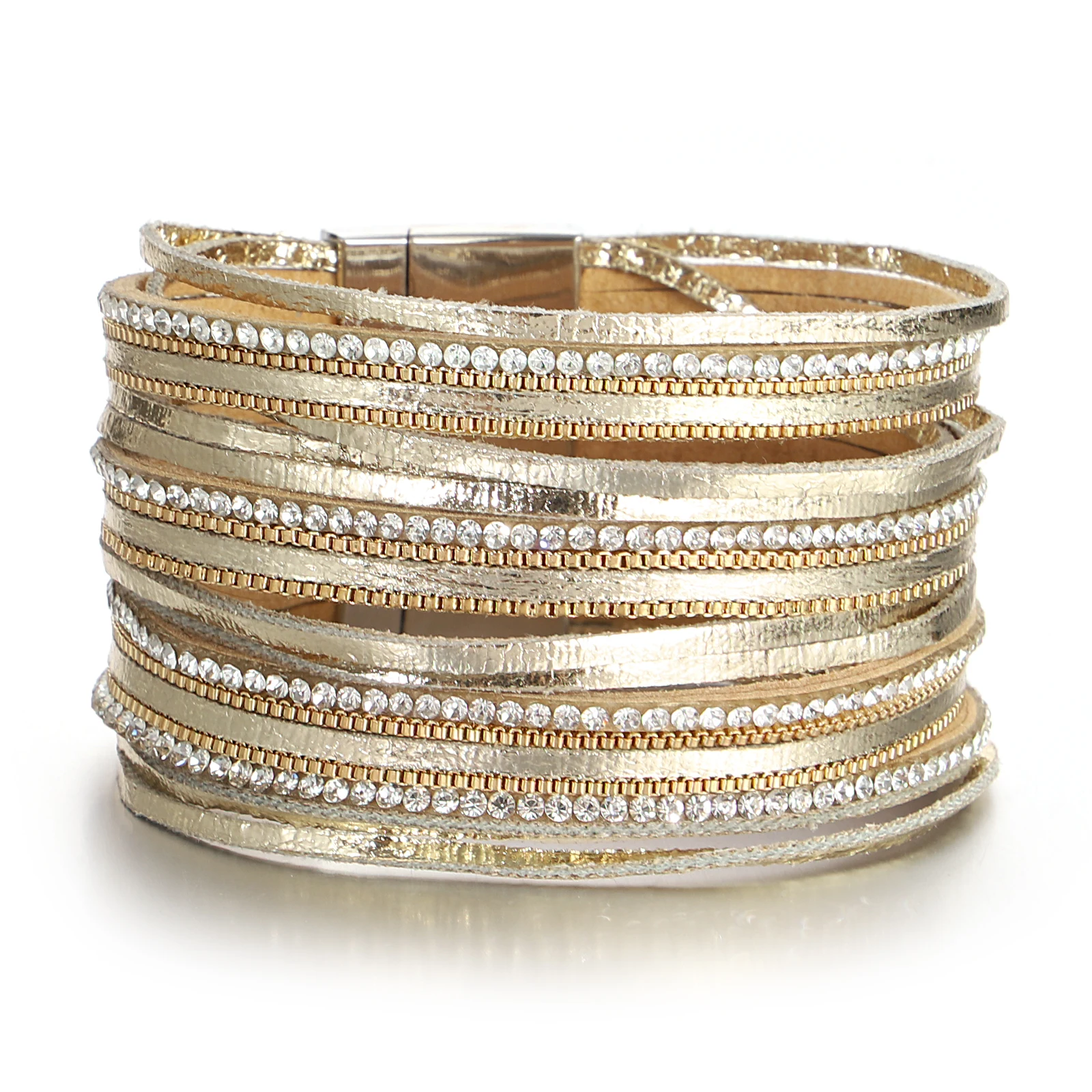 

Amorcome Elegant Metal Bead Rhinestone Leather Bracelet for Women Multilayered Gold Color Winding Bracelet Exquisite Jewelry