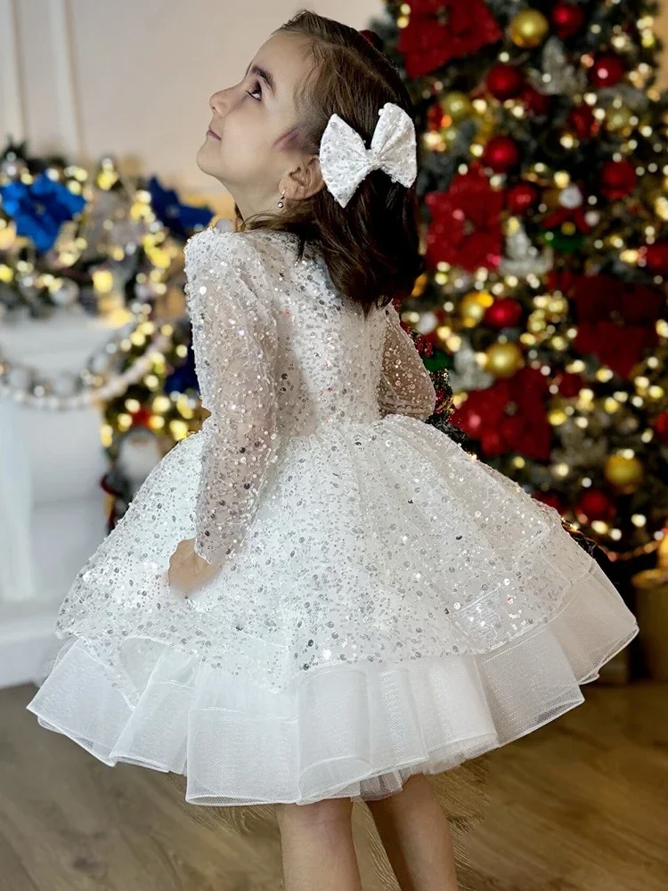 Manica lunga con paillettes a strati gonfi in tulle bianco per matrimoni, feste di compleanno, banchetti, abiti da principessa, abiti da ragazza di fiori personalizzati