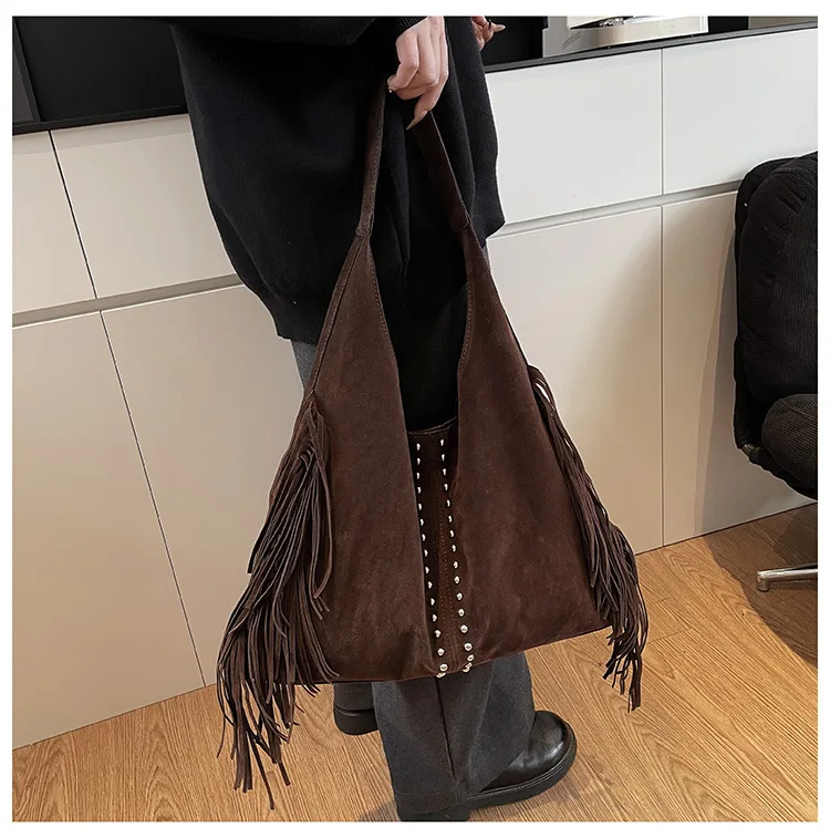 Damenhandtasche mit langen Quasten, große Kapazität, weiche Kunstwildleder-Schultertasche für Damen, Handtasche für Pendler, Hobo-Tasche, Einkaufstasche, Bolsas – Detail 29