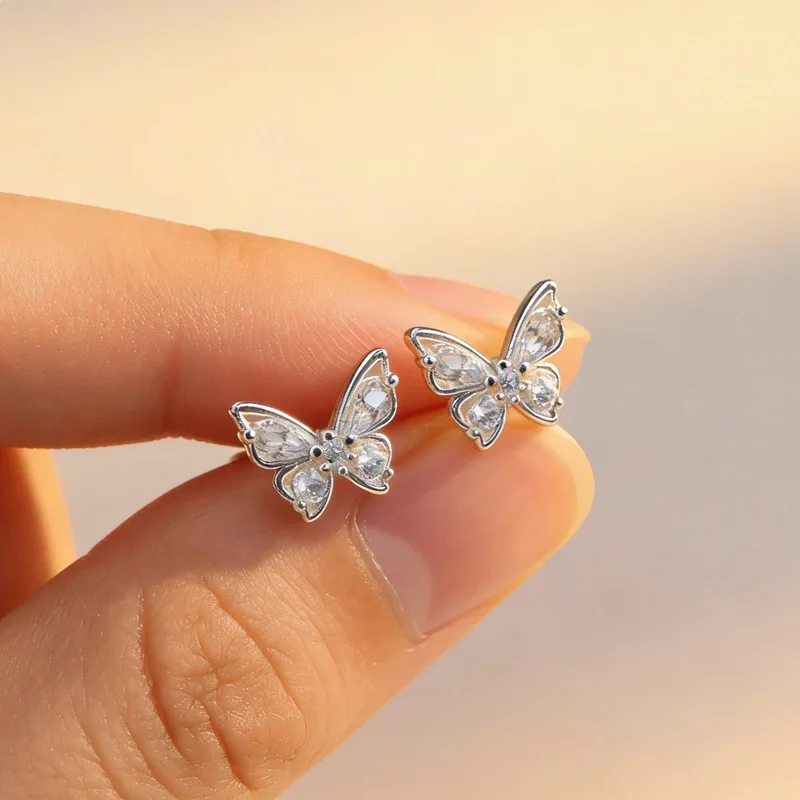 Hollow Zirconia Butterfly Summer Forest Style 925 Sterling Silver Jewelry Versatile Sweet Stud Earrings 3963