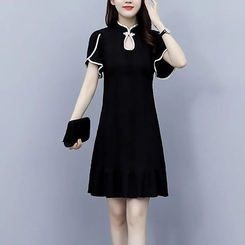

Elegant Stand Collar Button Solid Color Ruffles Party Dress Female Clothing 2025 Summer New Loose All-match Vintage Dress