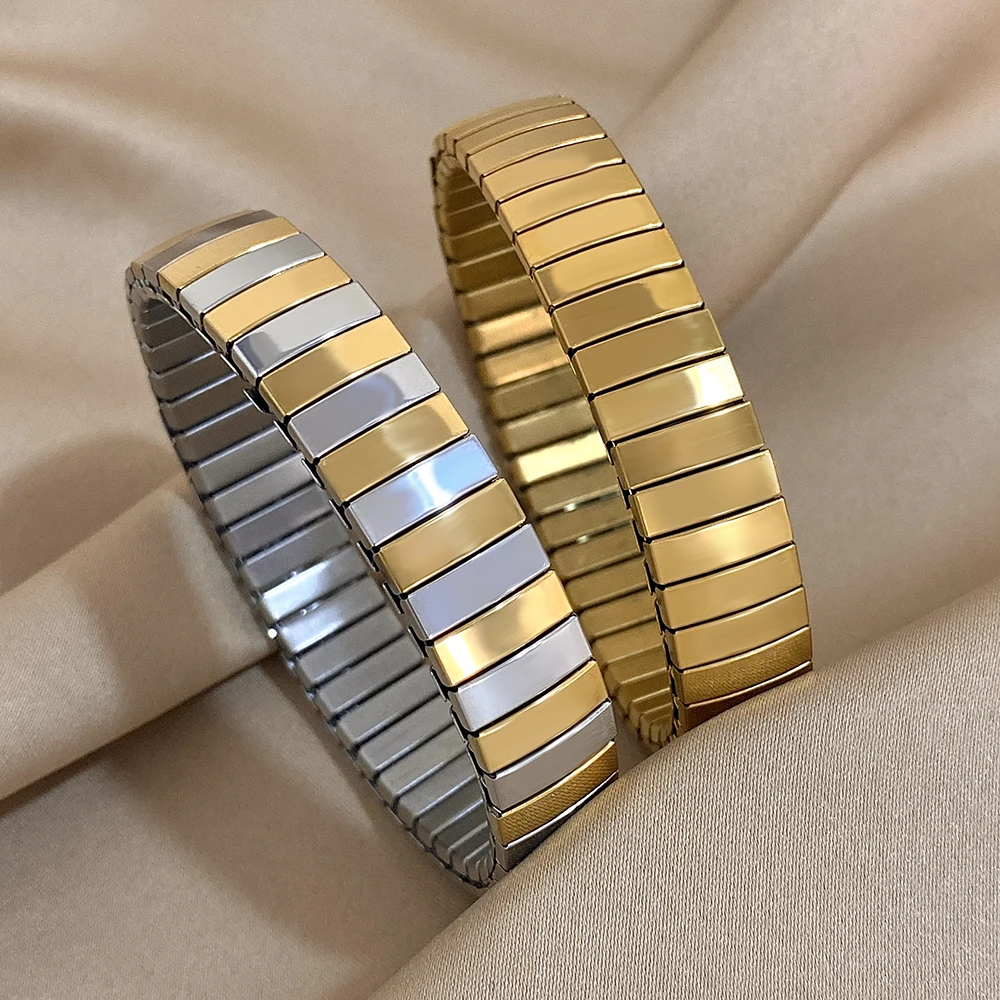 Greatera Waterproof Gold Plated Stainless Steel Elastic Bracelets Bangles for Women 12mm Width Stretch Chain Wristband Jewelry