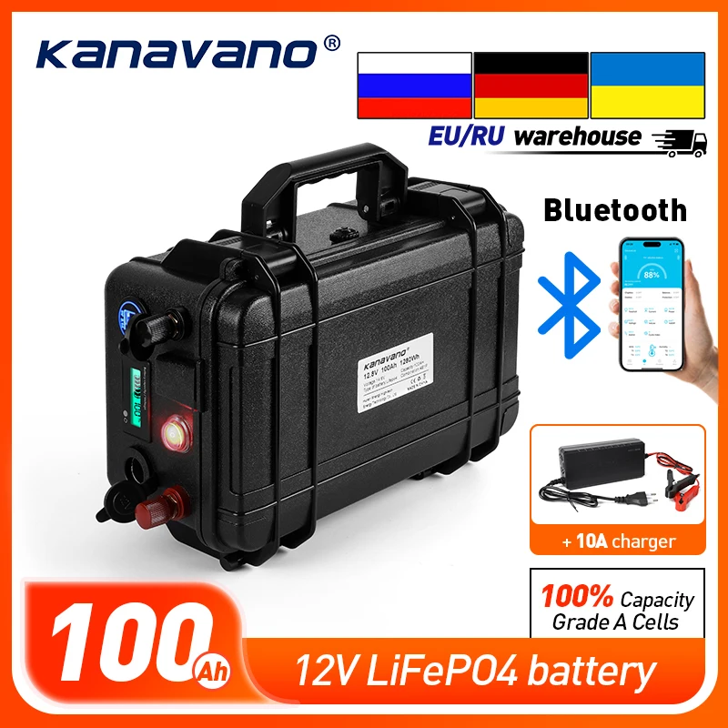 Kanavano 12.8V 100Ah LiFePO4 Battery Pack Build-in Bluetooth BMS 12V 40Ah Waterproof for Solar Camper Yacht Inverter Engine Moto