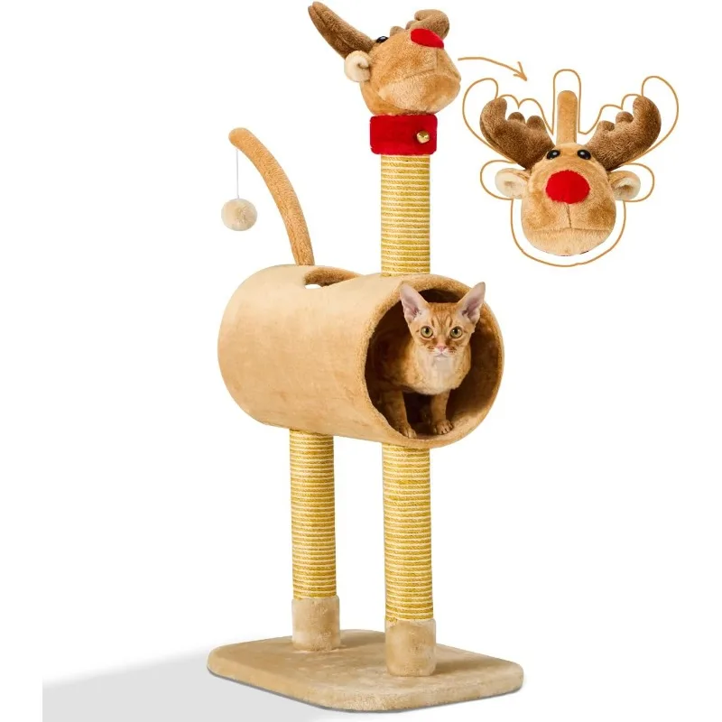 

Christmas Cat Tree Tower, 39 Inches Cat Tree with Sisal Scratching Posts, Elk Head, Pet Tunnel, Small Cute Kitty Climbing Tower