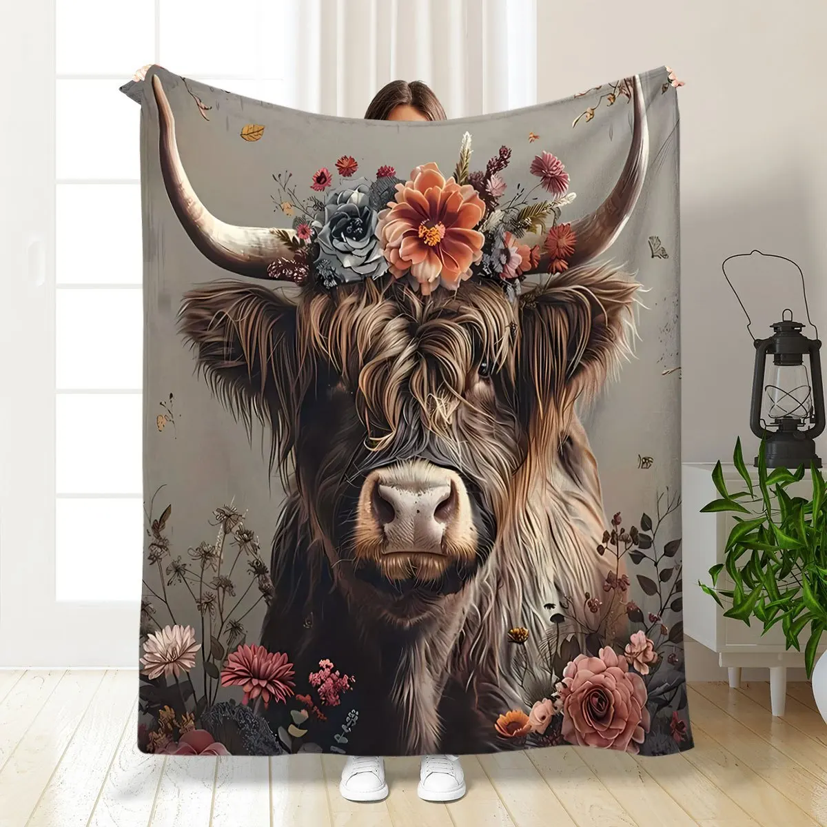 Highland Cow Floral Print Flannel Blanket - Soft Cozy Throw for Bed, Office, Camping Machine Washable Contemporary Animal